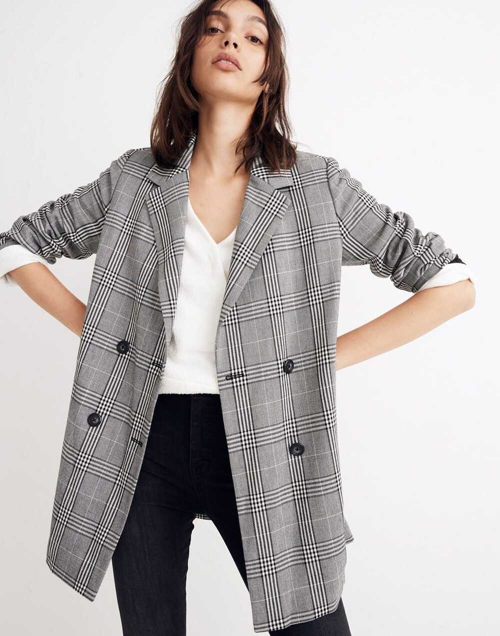 Madewell Caldwell Double Breasted Black White Glen Plaid Long Blazer Jacket Sm